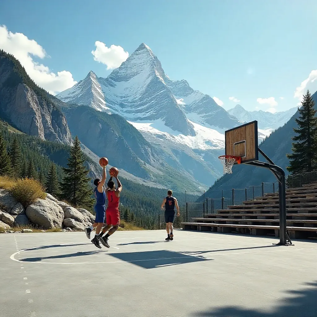 Sunlit Outdoor Court with Mountain Backdrop