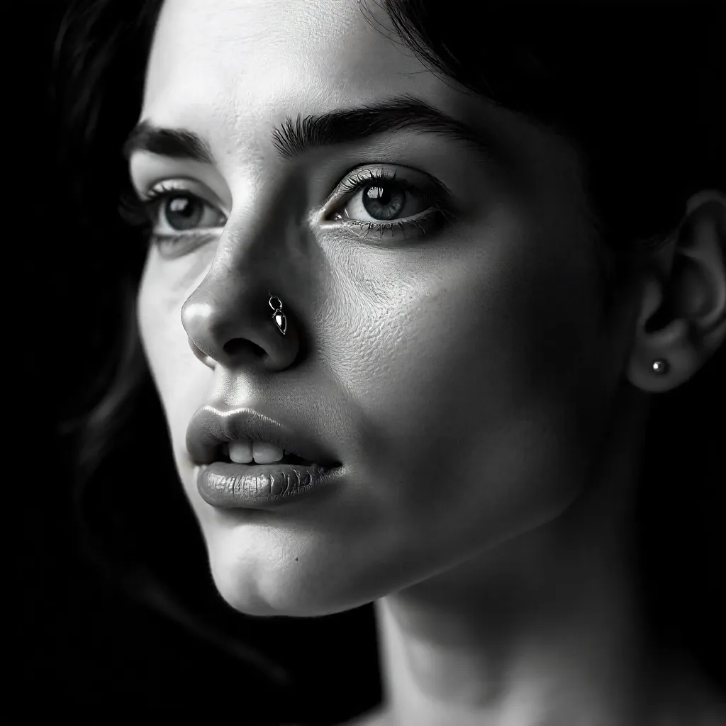 Serene Black-and-White Portrait with Nose Ring