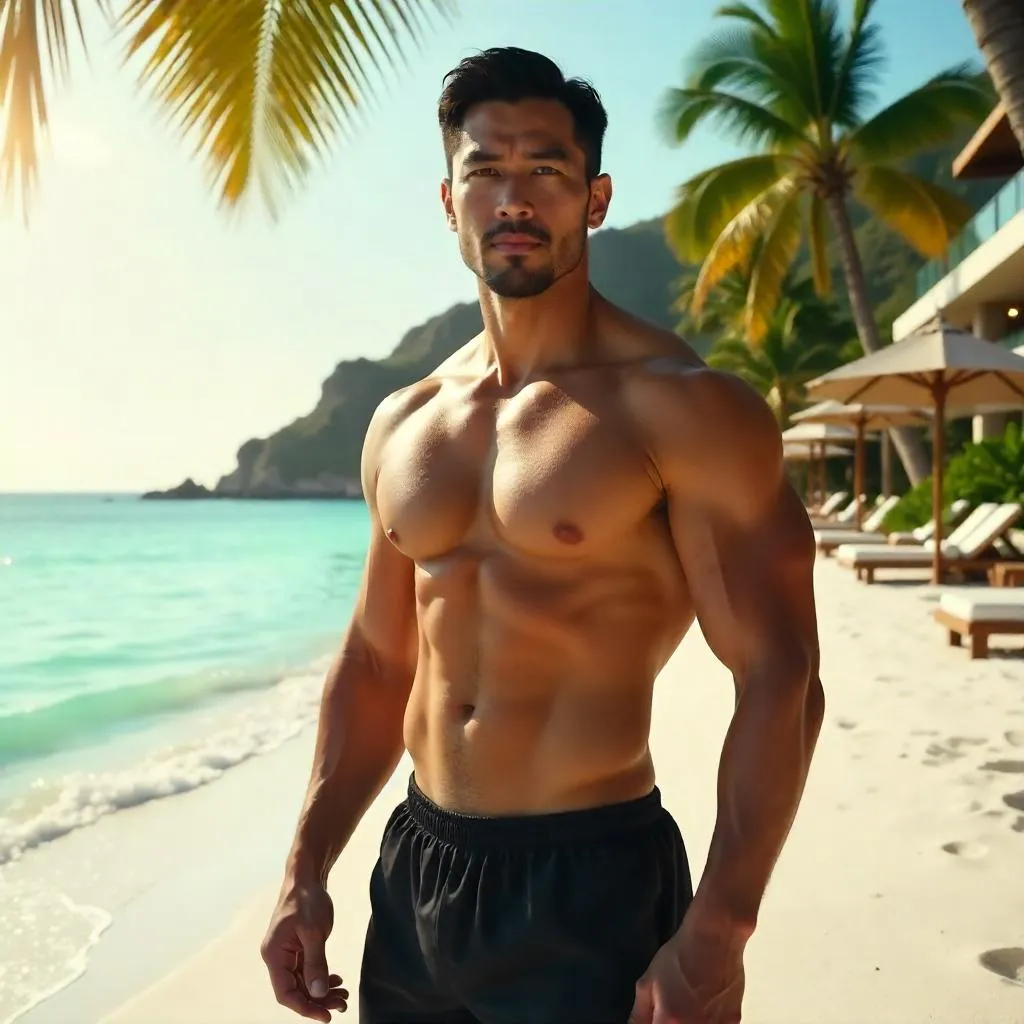 Photorealistic Strong Asian Man at a Beach Resort