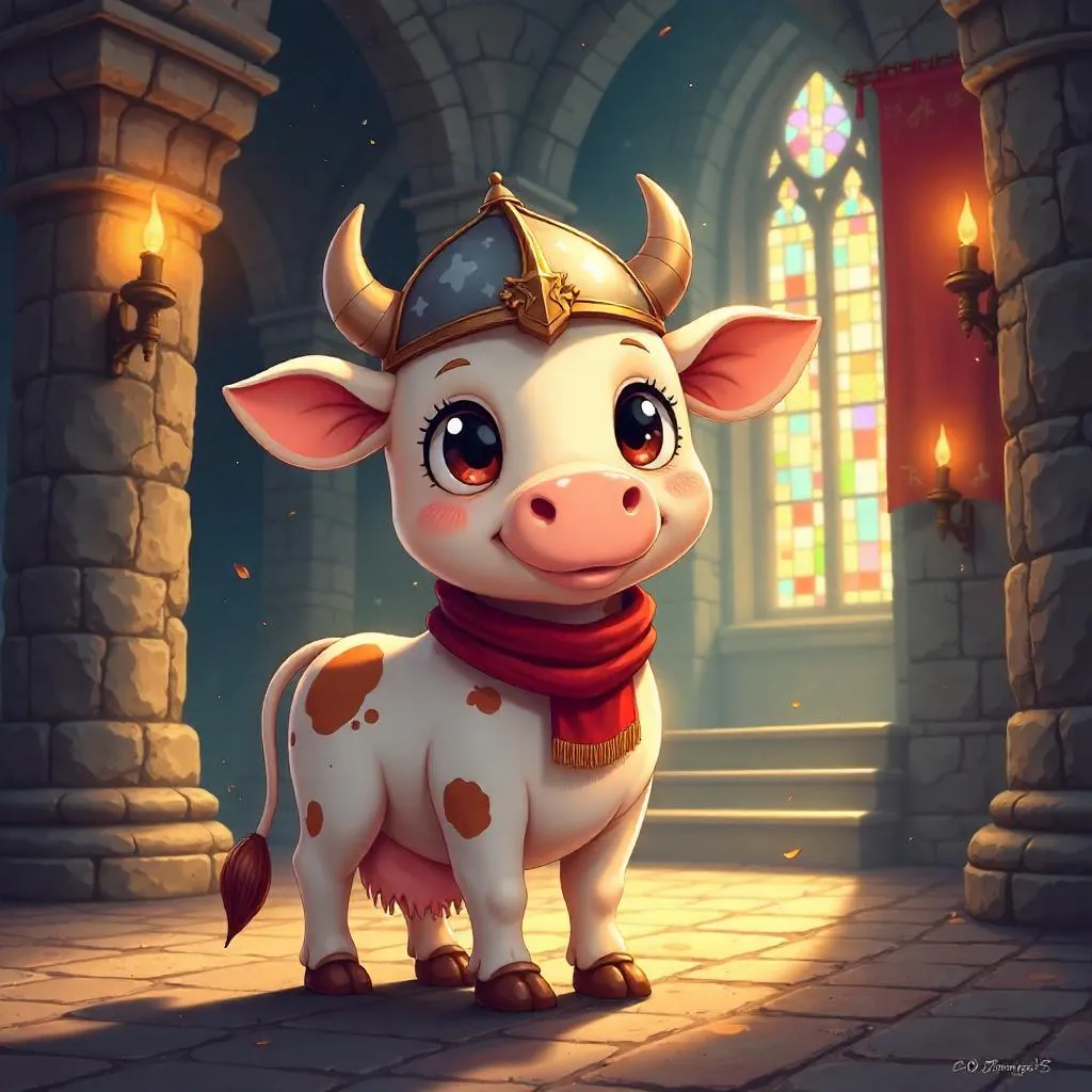 Whimsical Anime Cow in a Medieval Castle Hall
