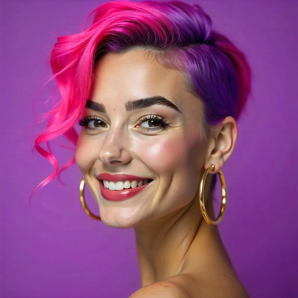 Vivid Dyed-Hair Portrait: Happy Young Woman on Purple Backdrop
