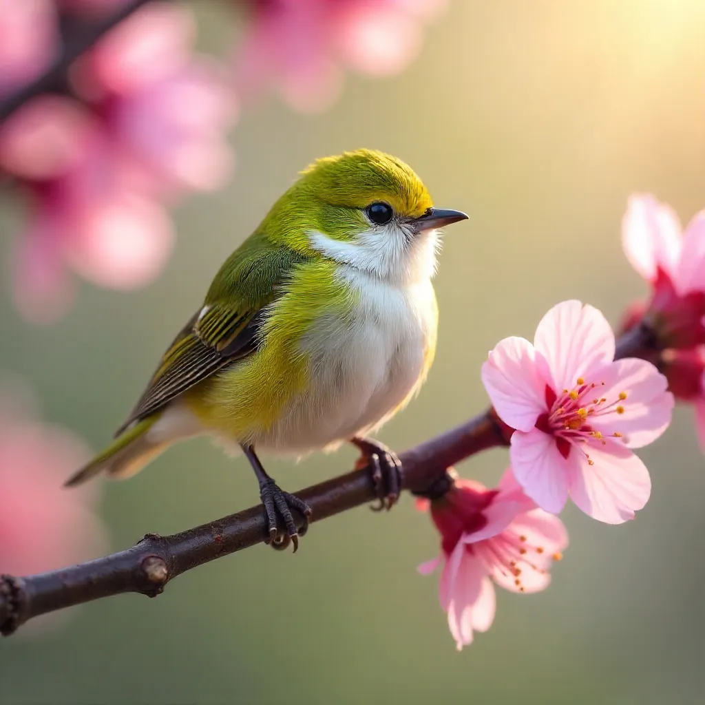 Spring Sunrise: Japanese White-eye on a Blooming Branch