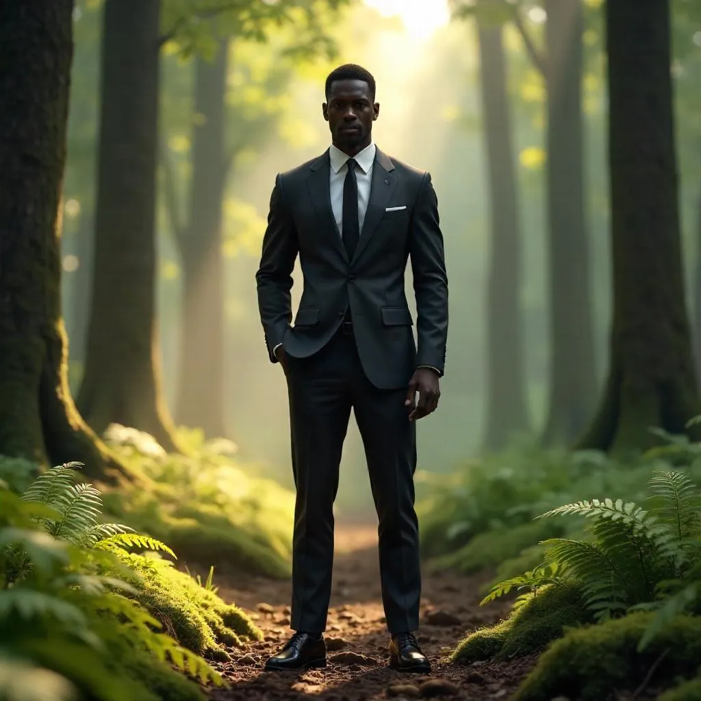 Elegant Black Man in a Sunlit Forest 3D Render