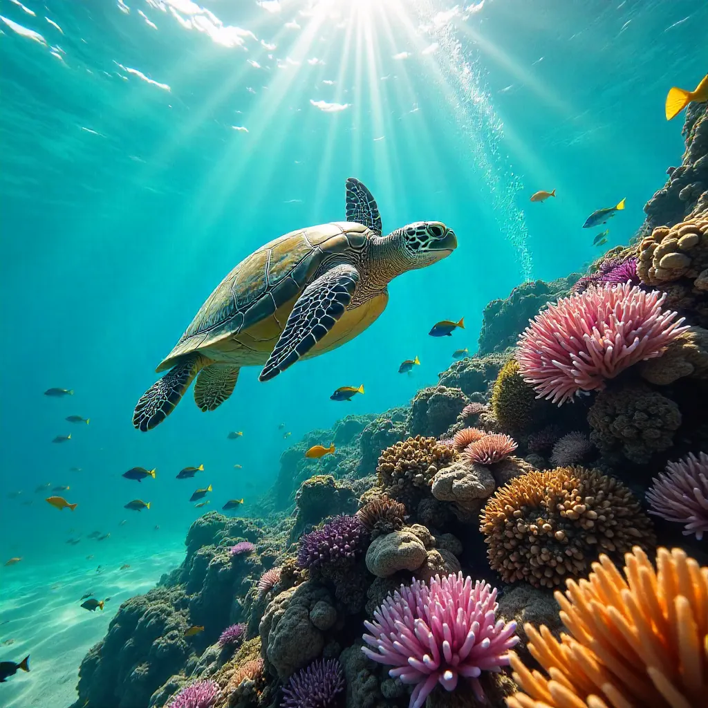 Vibrant Hawaiian Underwater Scene: Turtle & Reef Fish