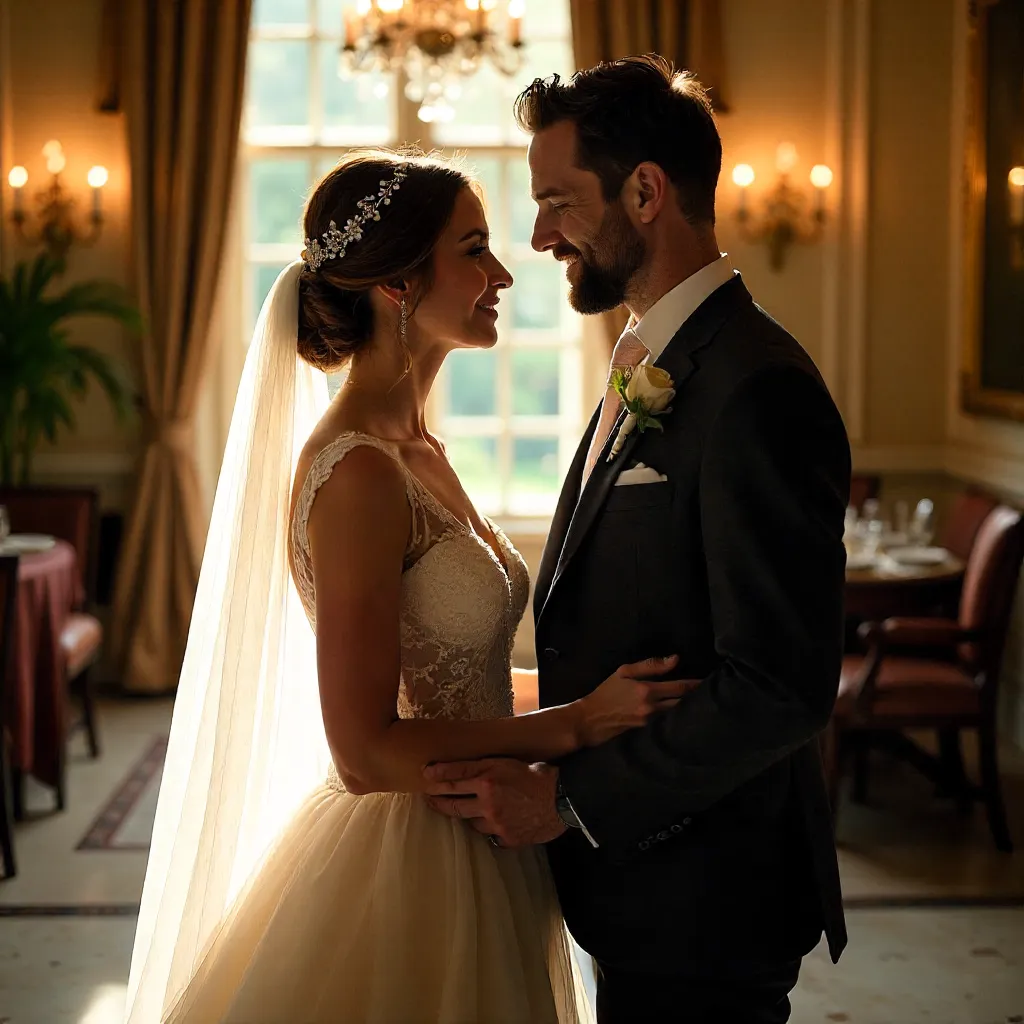 Soft Indoor Moment: Bride and Groom in Reflections