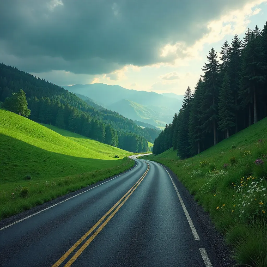 Winding Road Through Lush Hills Under Clouds