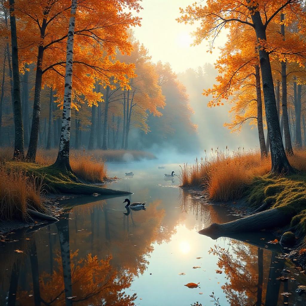 Autumn Marsh in a Golden Forest
