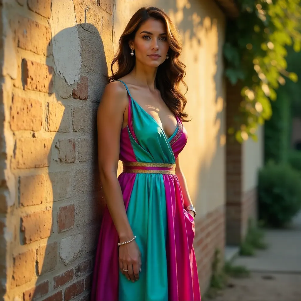 Elegant Woman in Vibrant Attire by Rustic Outdoor Wall