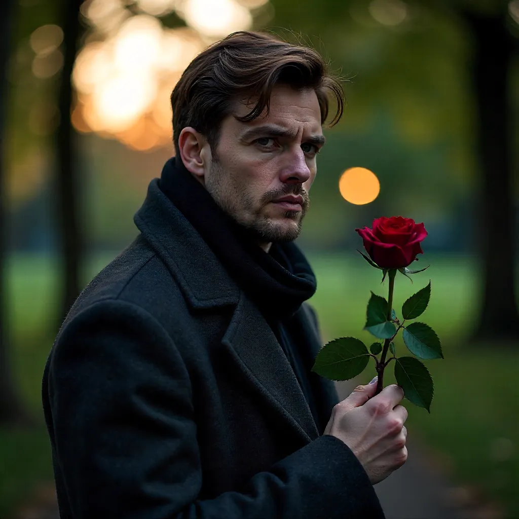 Moody Outdoor Portrait: Man with Rose at Dusk