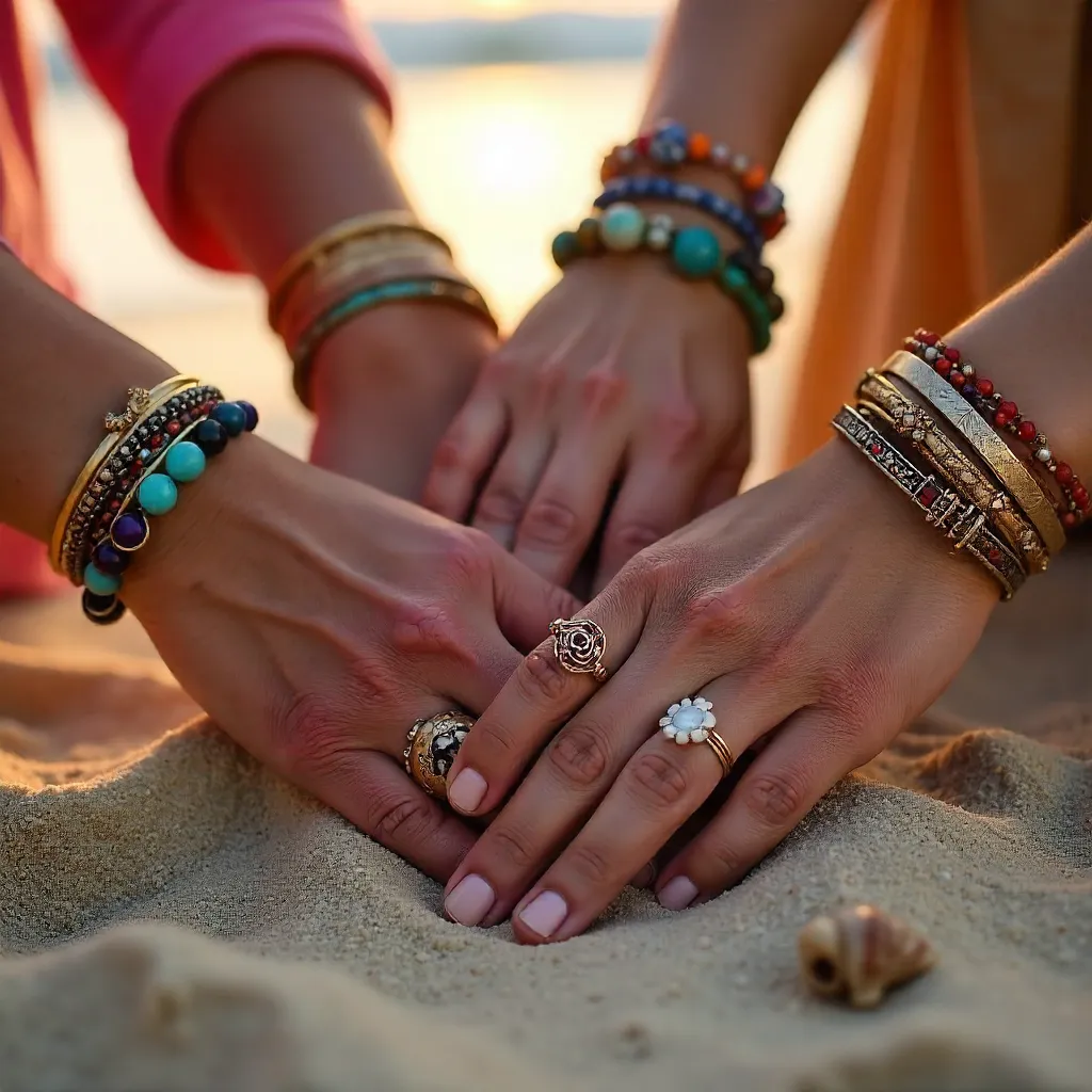 Three Hands with Colorful Jewelry on a Sunset Beach