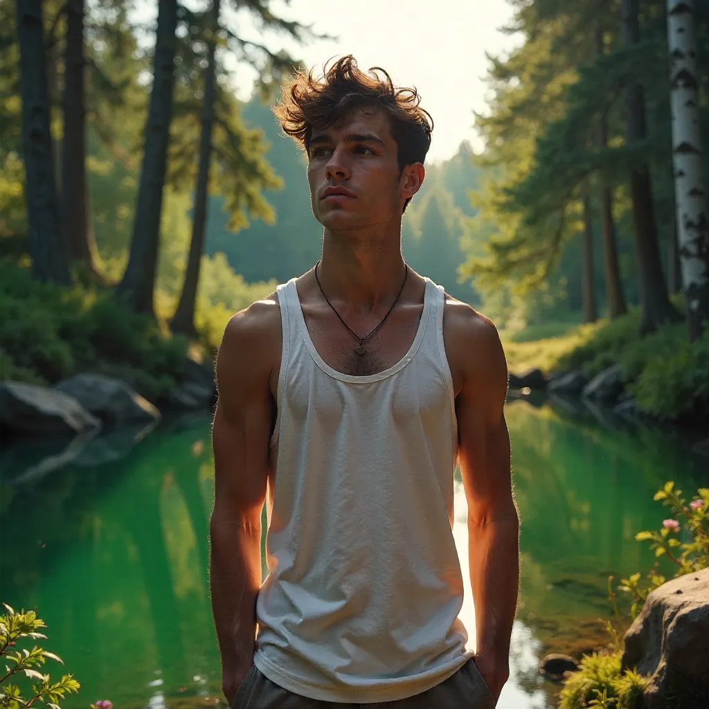 Sunlit Youth by a Serene Forest Pond