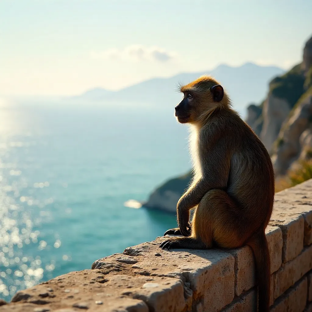 Barbary Macaque on Stone Wall Over Gibraltar Bay