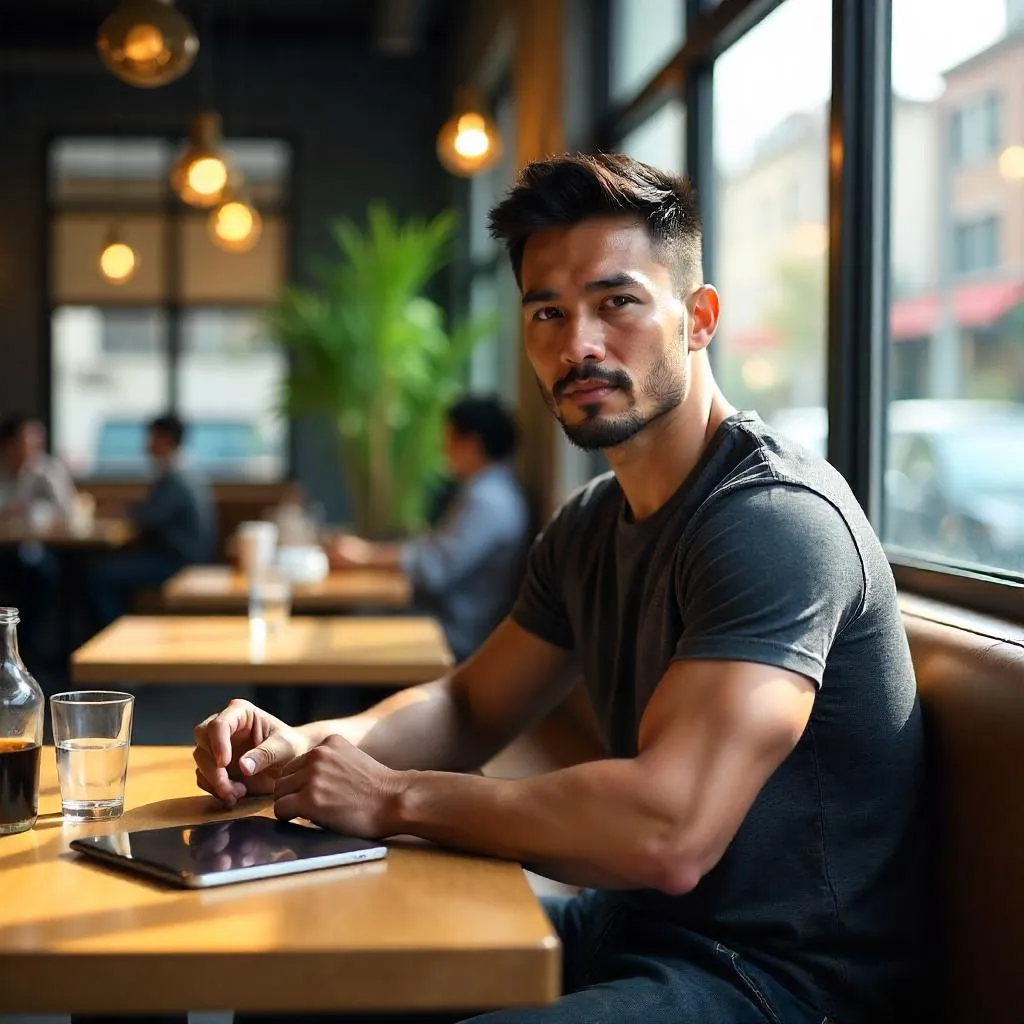 Athletic Asian Man in a Sunlit Cafe