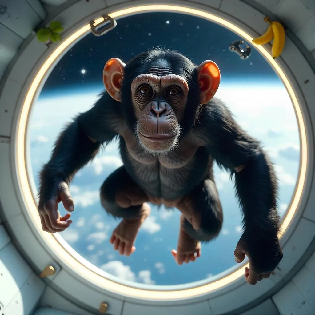 Chimpanzee in Zero Gravity — Photorealistic Scene