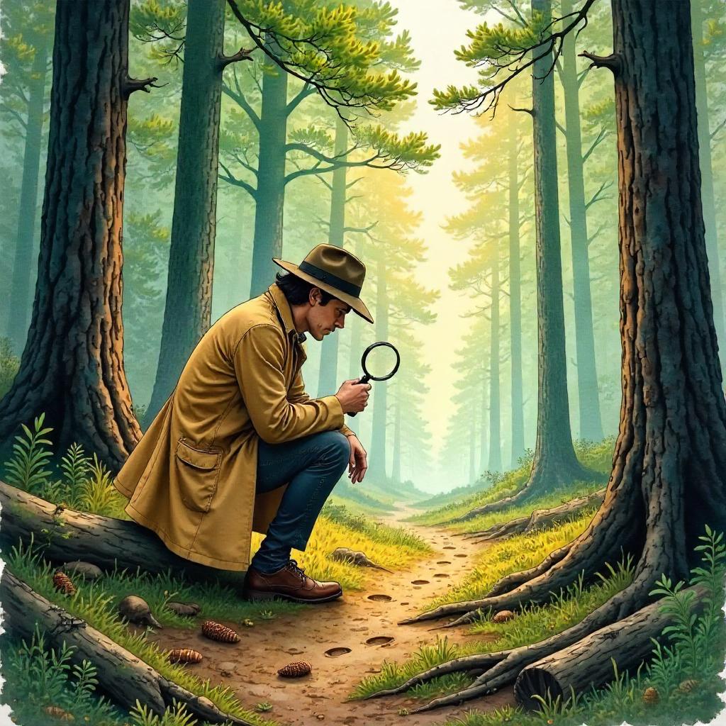 Watercolor Detective in a Pine Forest