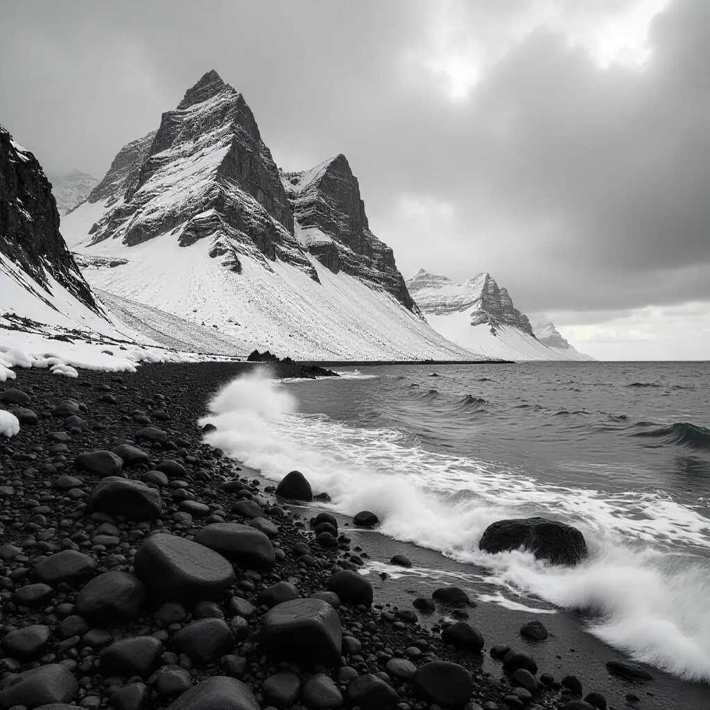 Monochrome Winter Seascape: Snowy Peaks and Rocky Shore