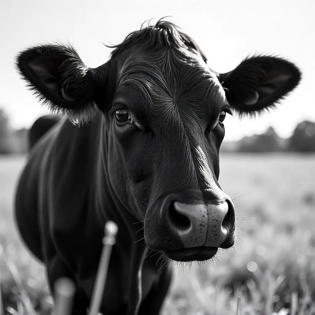 Monochrome Cow Portrait: Close-Up in a Field