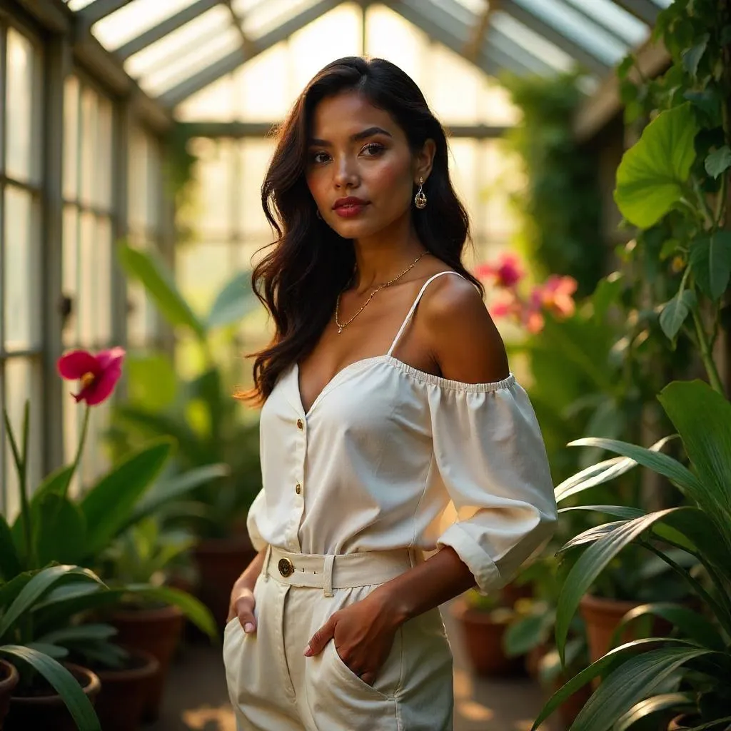 Latina in a Lush Greenhouse, Photoreal Style