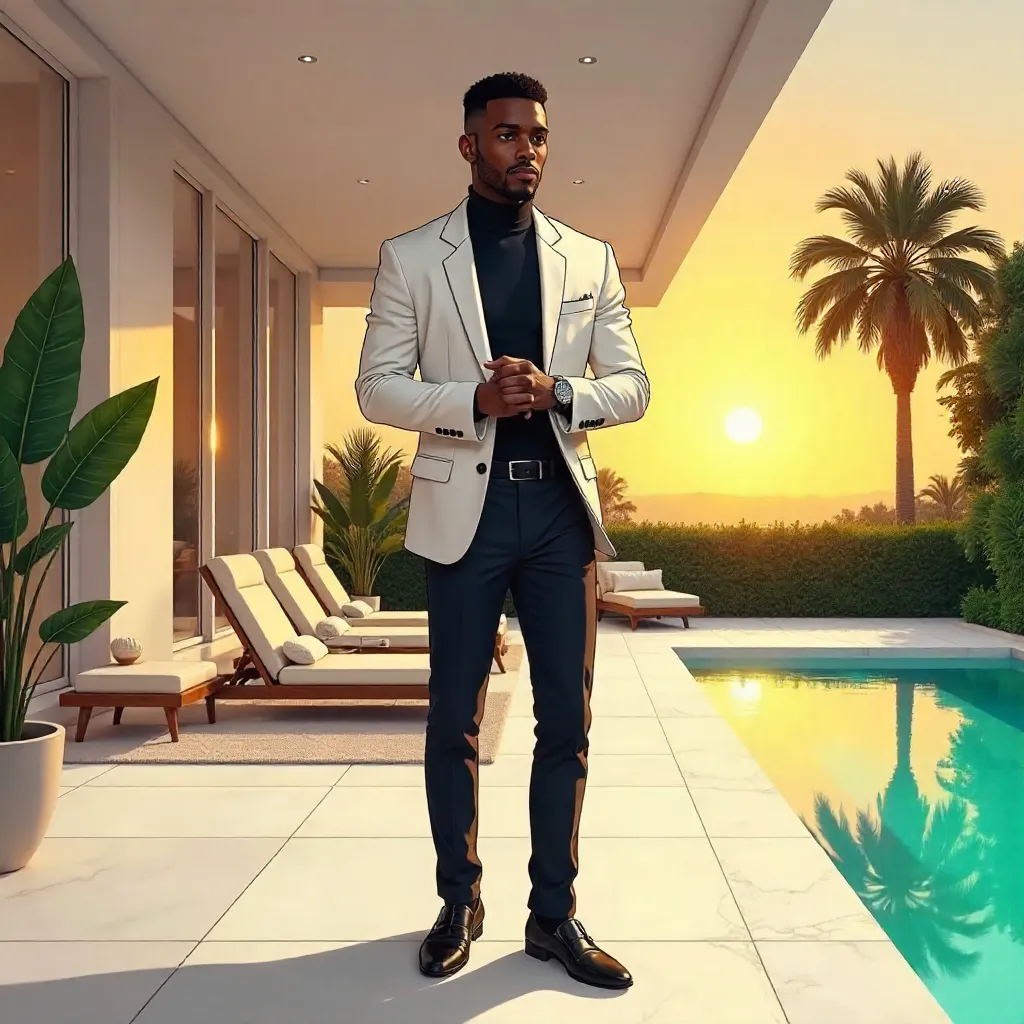 Anime Style: Stylish Black Man in a Villa