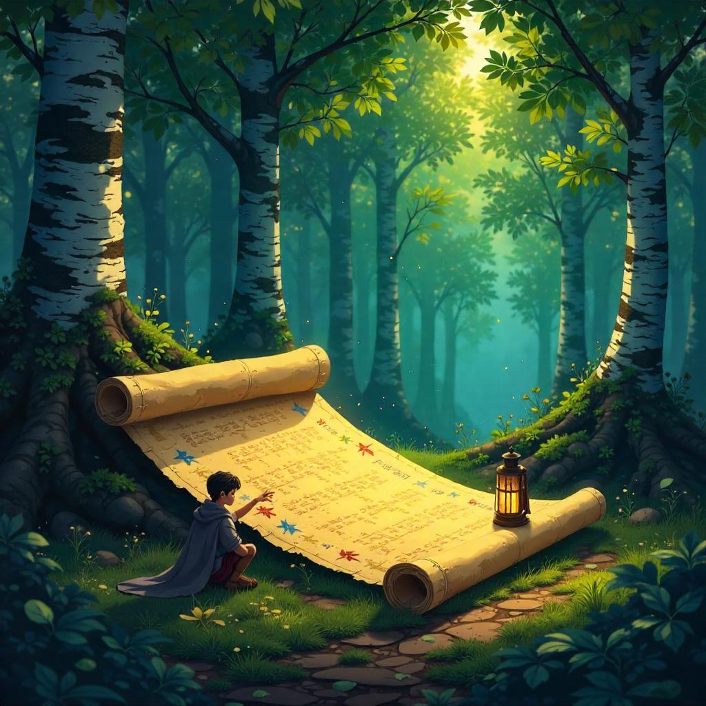 Ancient Scroll in a Birch Forest — Anime Scene