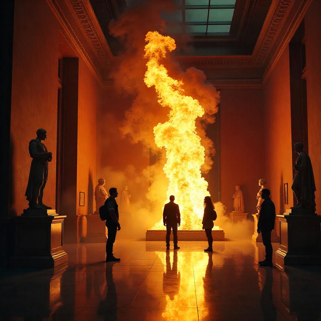 Fire in a Grand Museum Gallery at Night
