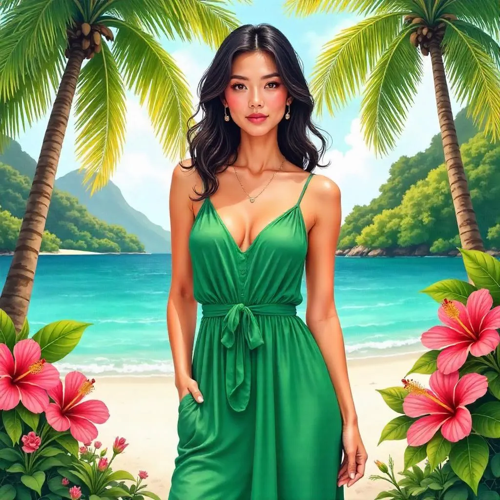 Confident Asian Woman in Tropical Watercolor Paradise