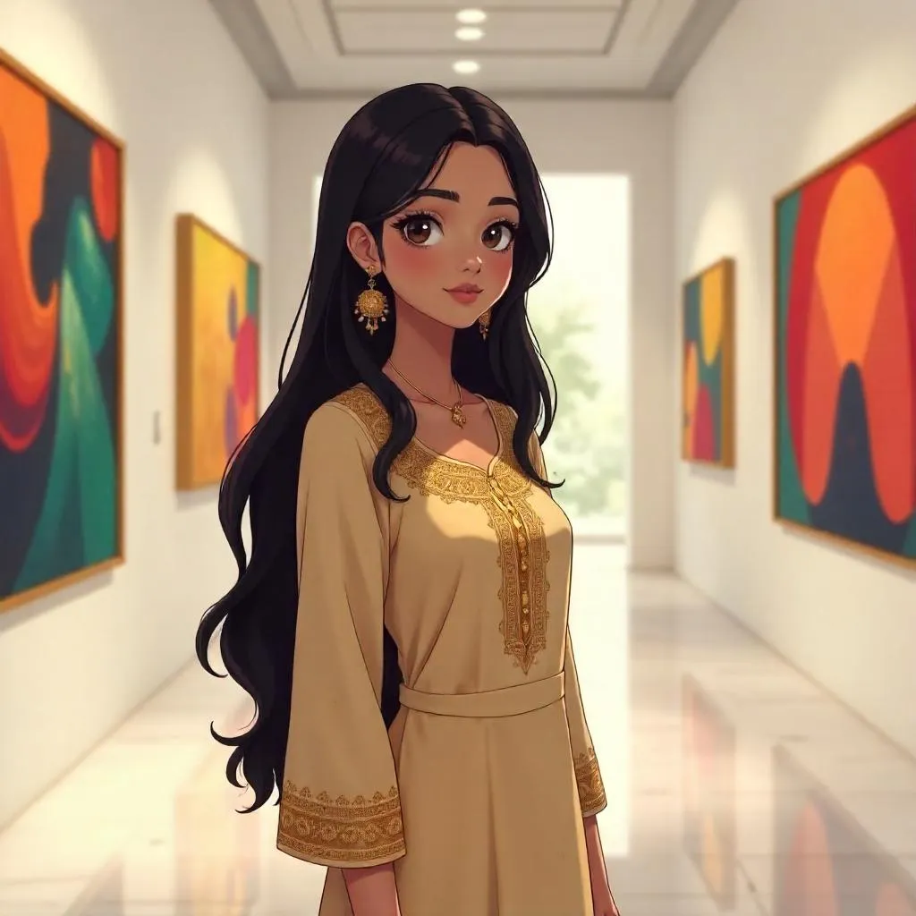 Graceful Indian Girl in an Anime Art Gallery