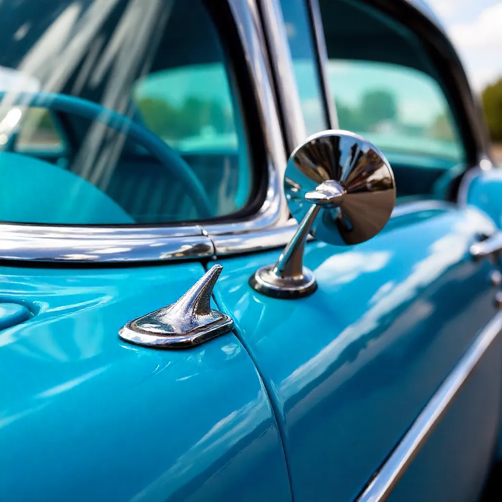 Chrome Mirror and Window Trim on Vibrant Blue Classic Car