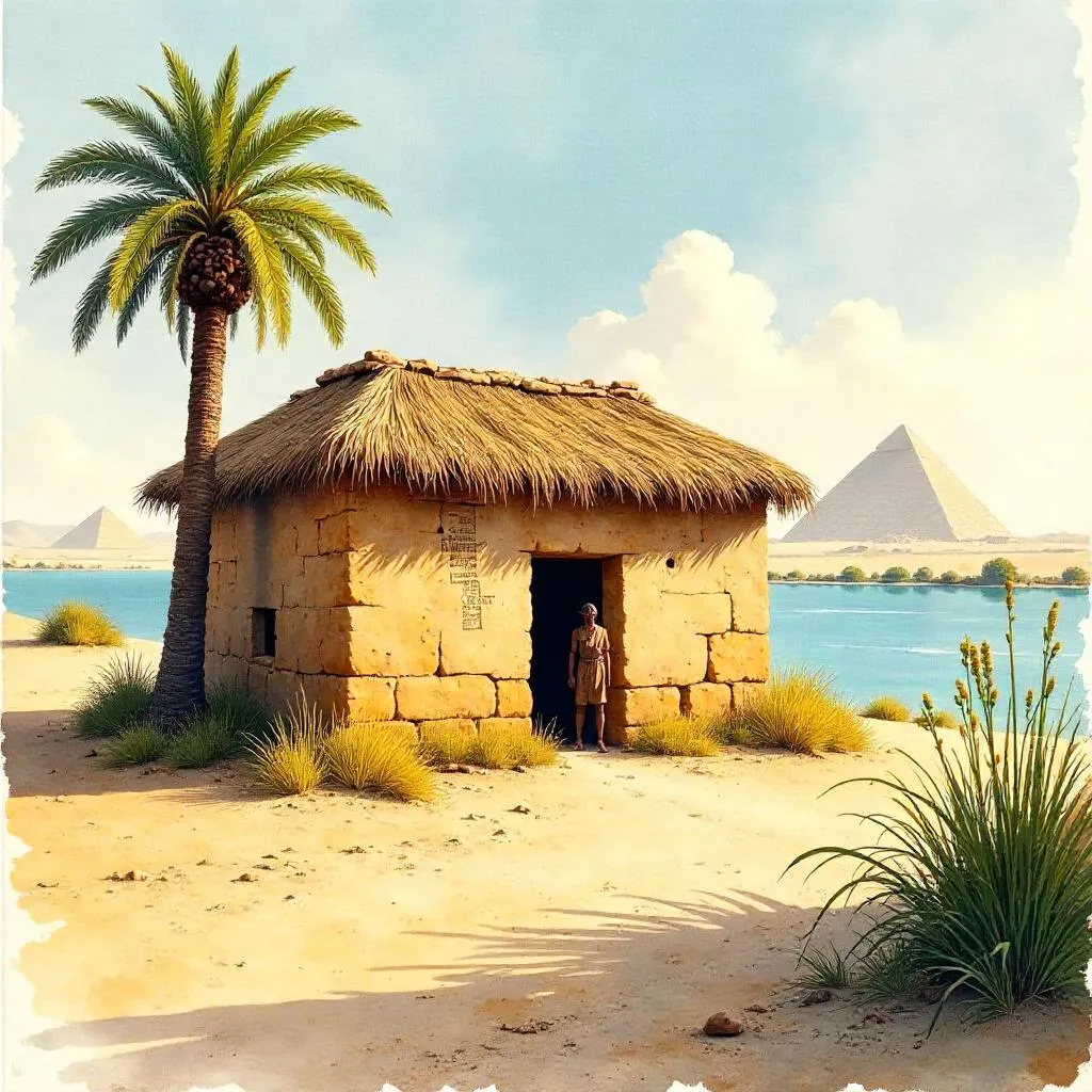 Watercolor of an ancient Egyptian hut by the Nile