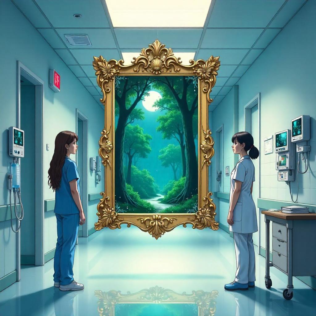 Enchanted Anime Mirror in a Hospital Hallway