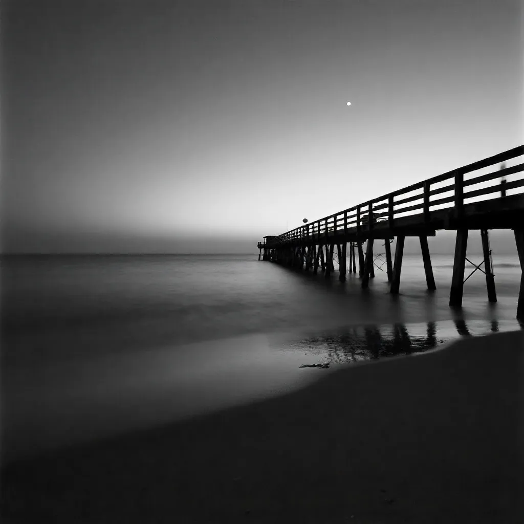 Crescent Moon over Pier at Dusk (Monochrome)