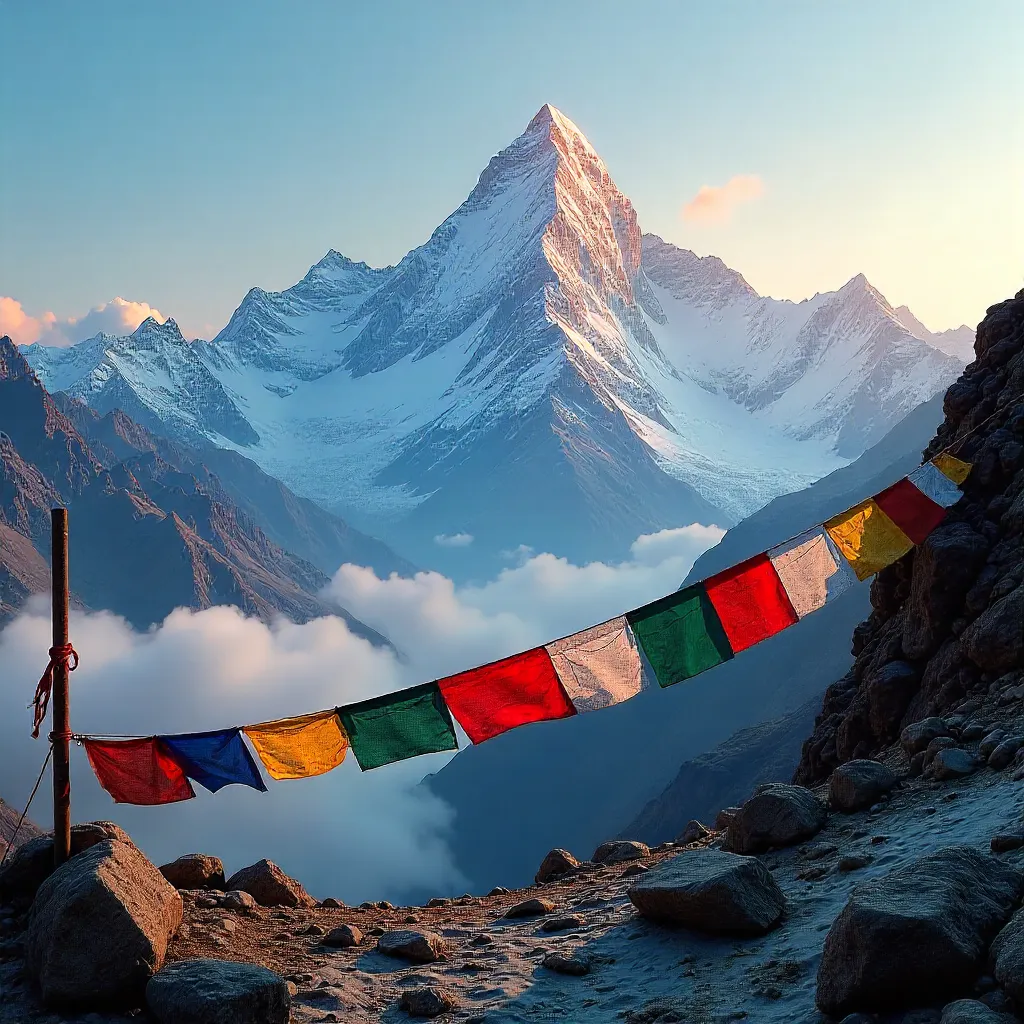 Himalayan Peaks and Prayer Flags at Dawn