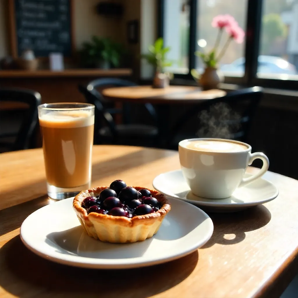 Cozy Café Scene with Blueberry Tart, Latte, and Iced Coffee