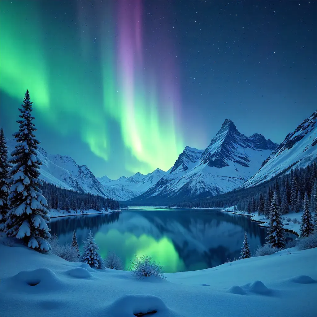 Aurora Over Snow-Capped Peaks at Night