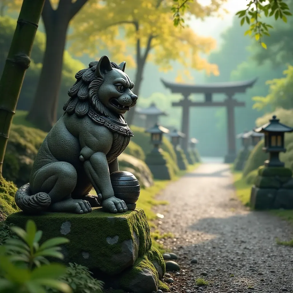 Komainu Guardian in a Serene Nagoya Shrine Garden