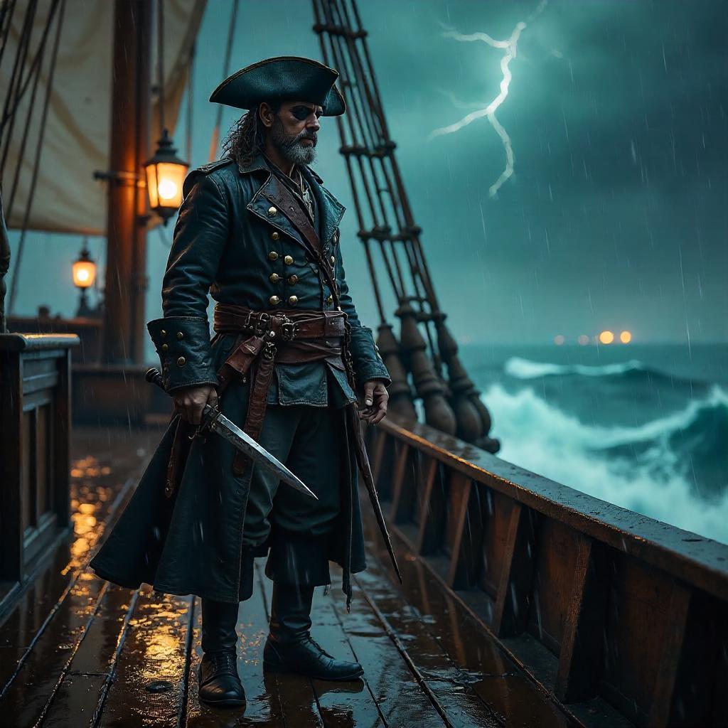 Photorealistic Pirate in a Heavy Rain Storm