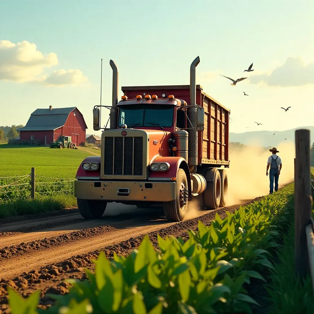 Big Truck Crossing a Verdant Rural Farm Field