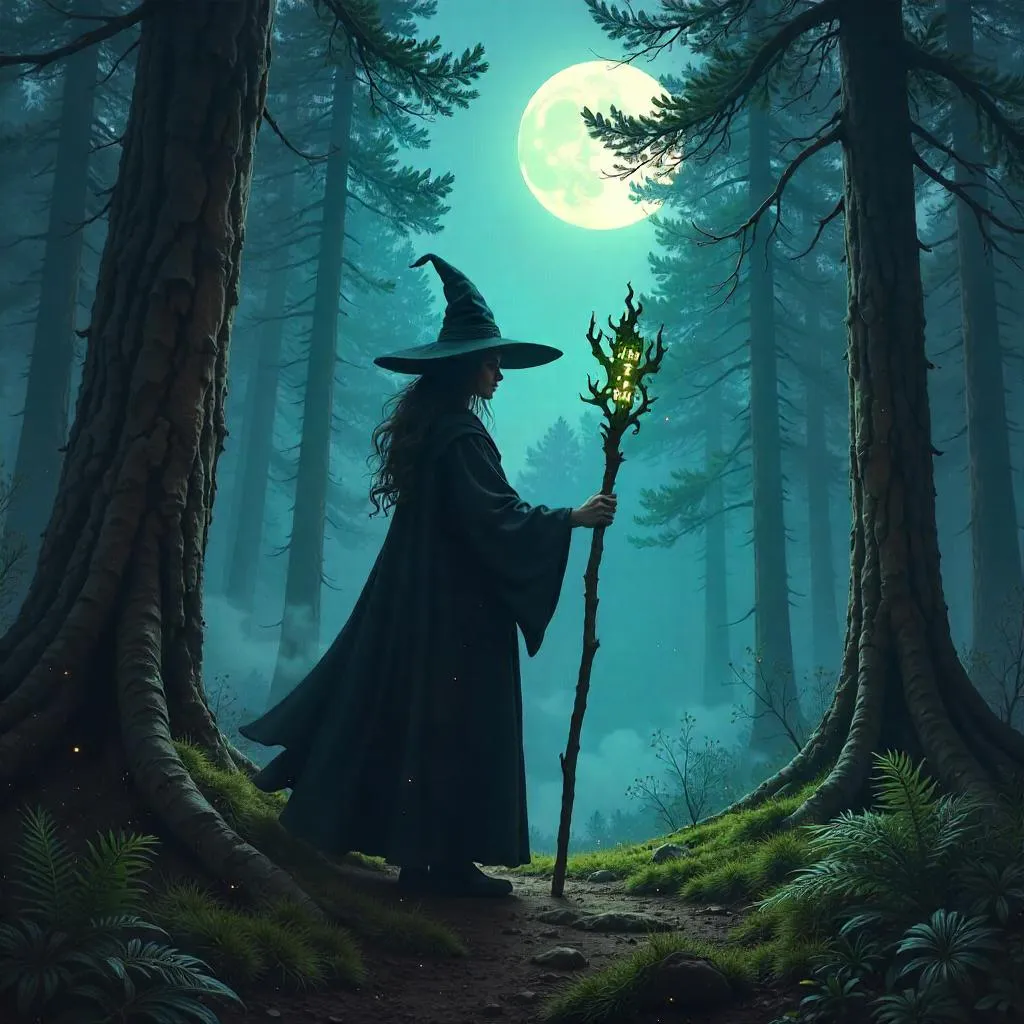 Moonlit Witch in a Pine Forest