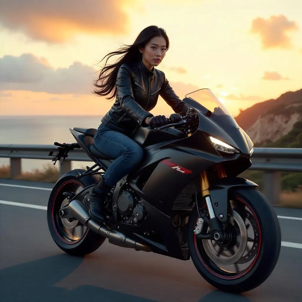 Photorealistic Asian Woman on a Sport Motorcycle