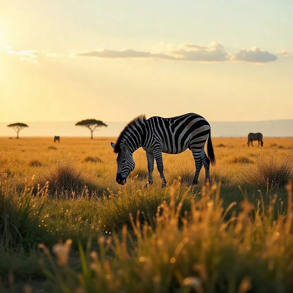 Zebra Grazing in Serengeti Sunset Grasslands