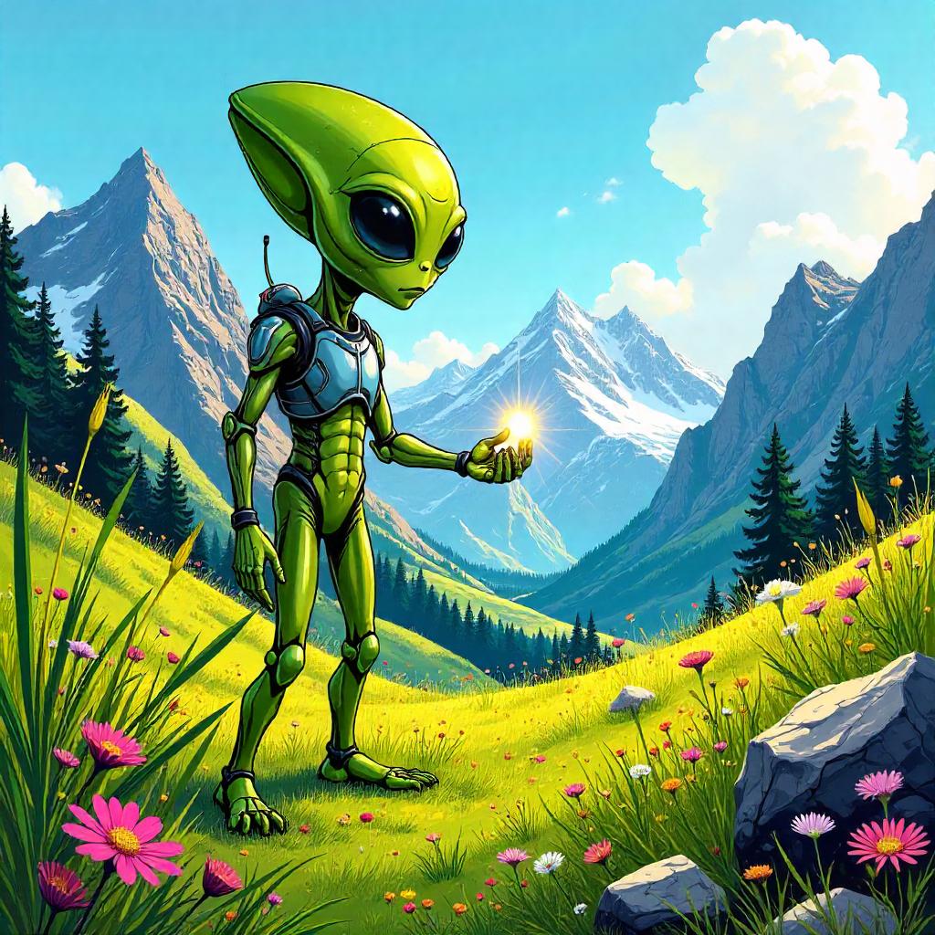 Alien Hero in Alpine Meadow, Comic Book Style