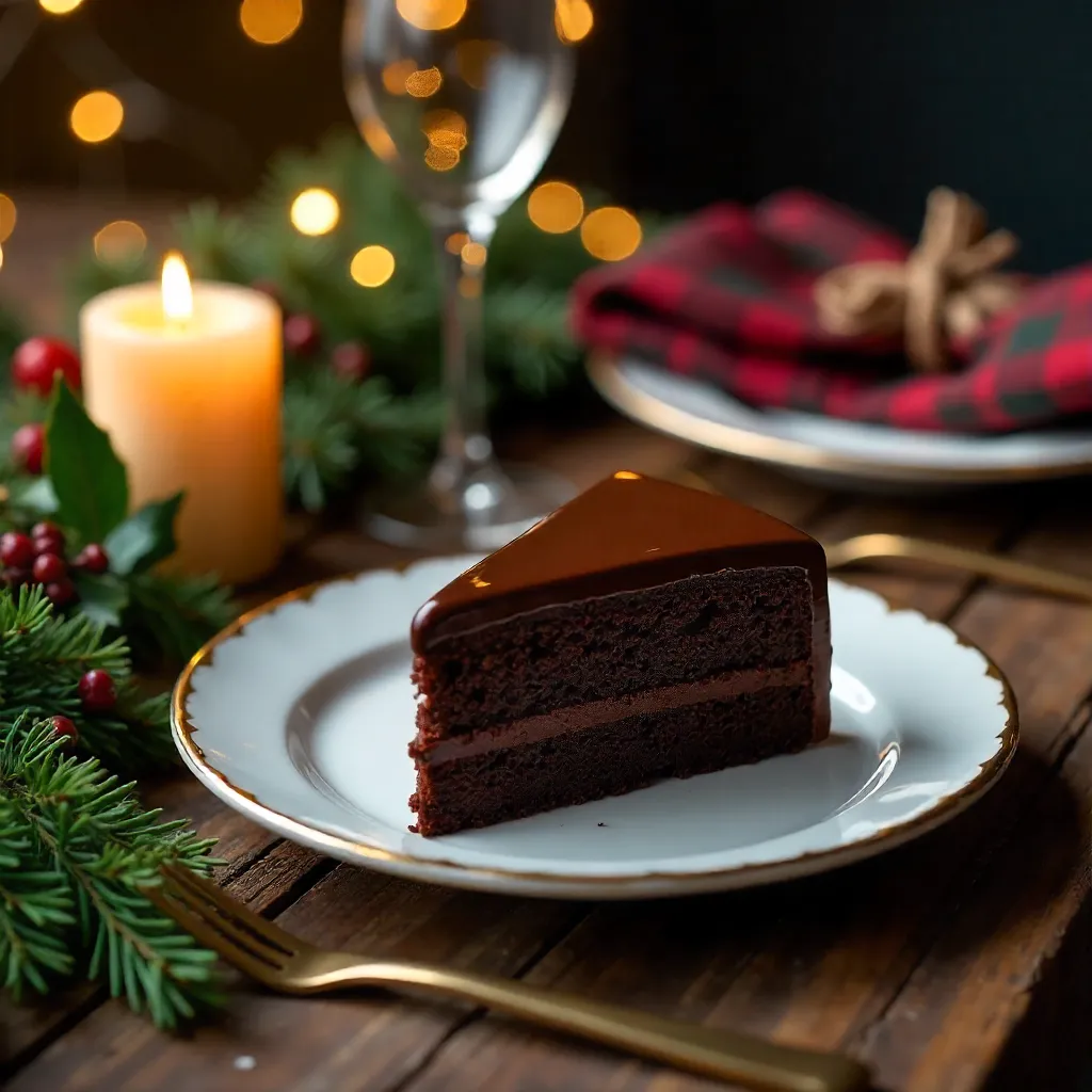 Chocolate Cake on a Festive Holiday Table by Candlelight