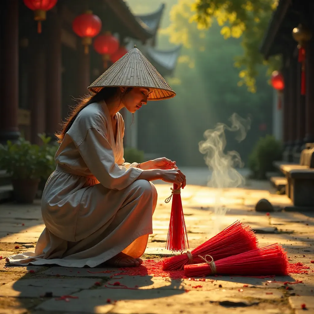 Woman in a Conical Hat Arranges Red Incense Sticks