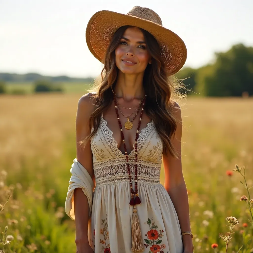 Elegant Bohemian Woman in a Sunlit Field