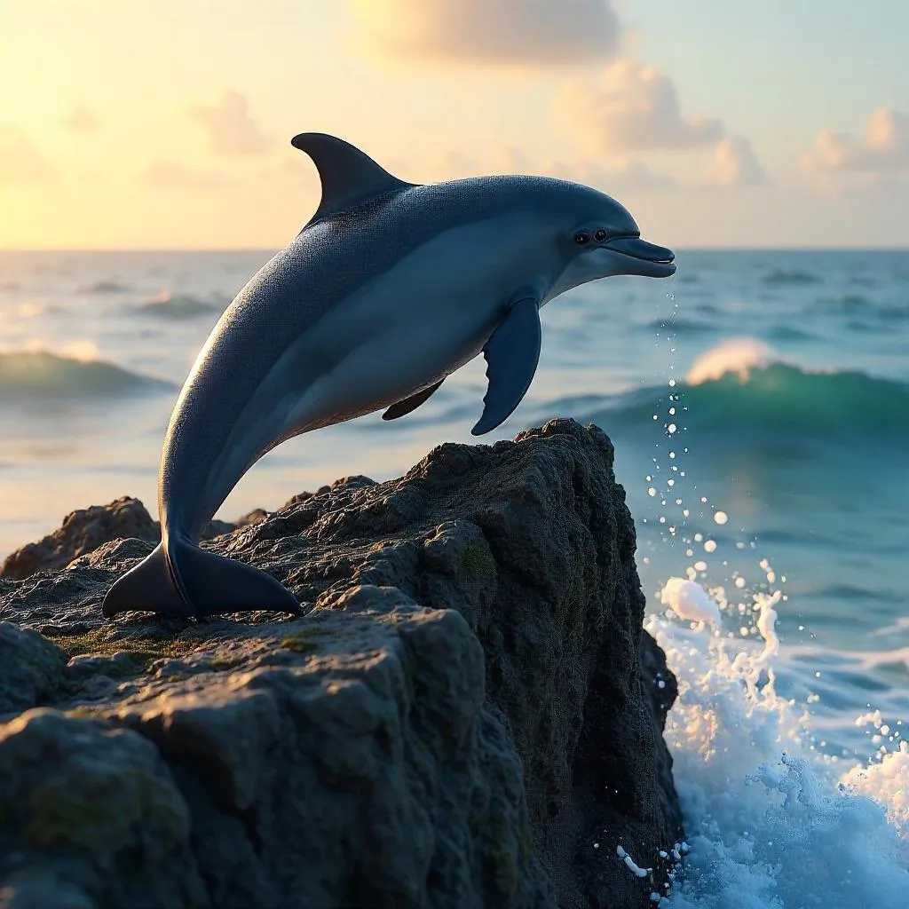 Dolphin 3D render on a rocky outcrop