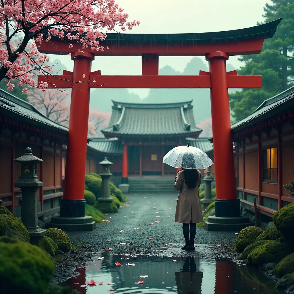 Peaceful Tokyo Shrine with Umbrella Visitor
