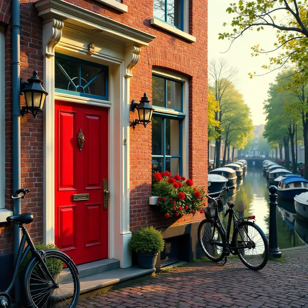 Red Door on a Charming Amsterdam Brick Facade