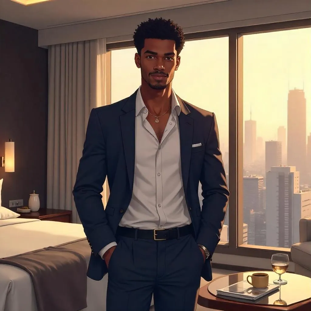 Handsome Black Man in Anime Hotel Room