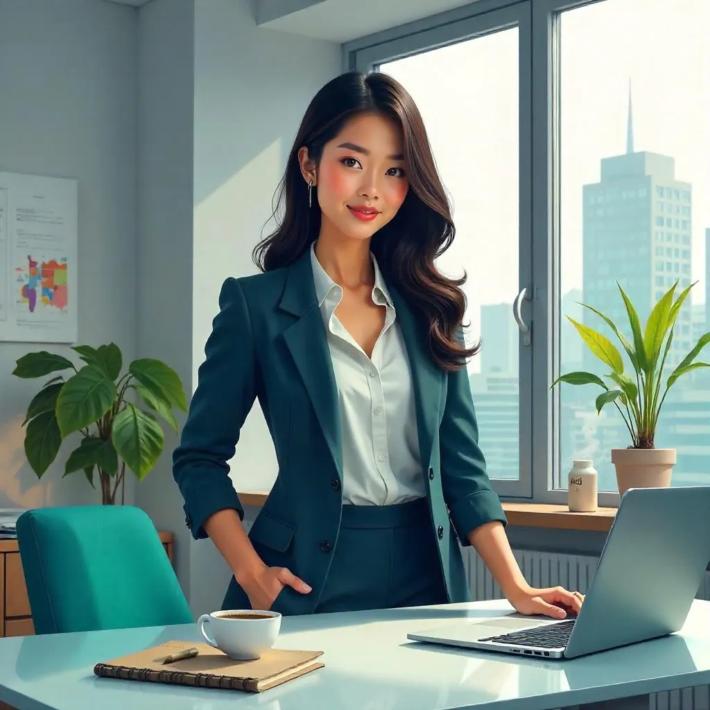 Confident Asian Woman in a Modern Digital Workspace