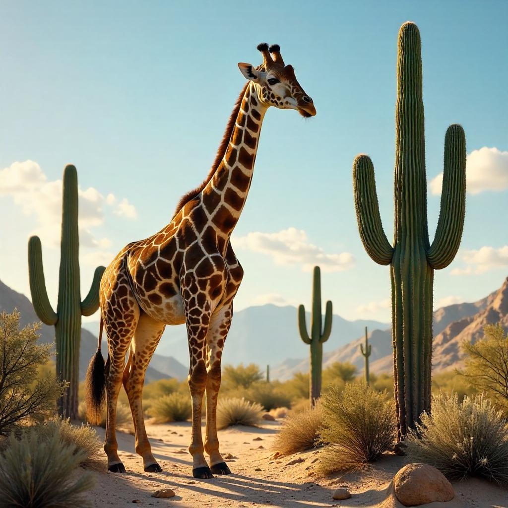 Giraffe Among Desert Cacti at Golden Hour